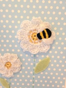 Hand stitched and crocheted flower and bumblebee card.