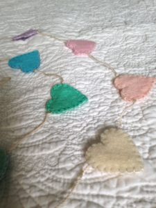 Pastel colours,mini heart, hand sewn, felt bunting.